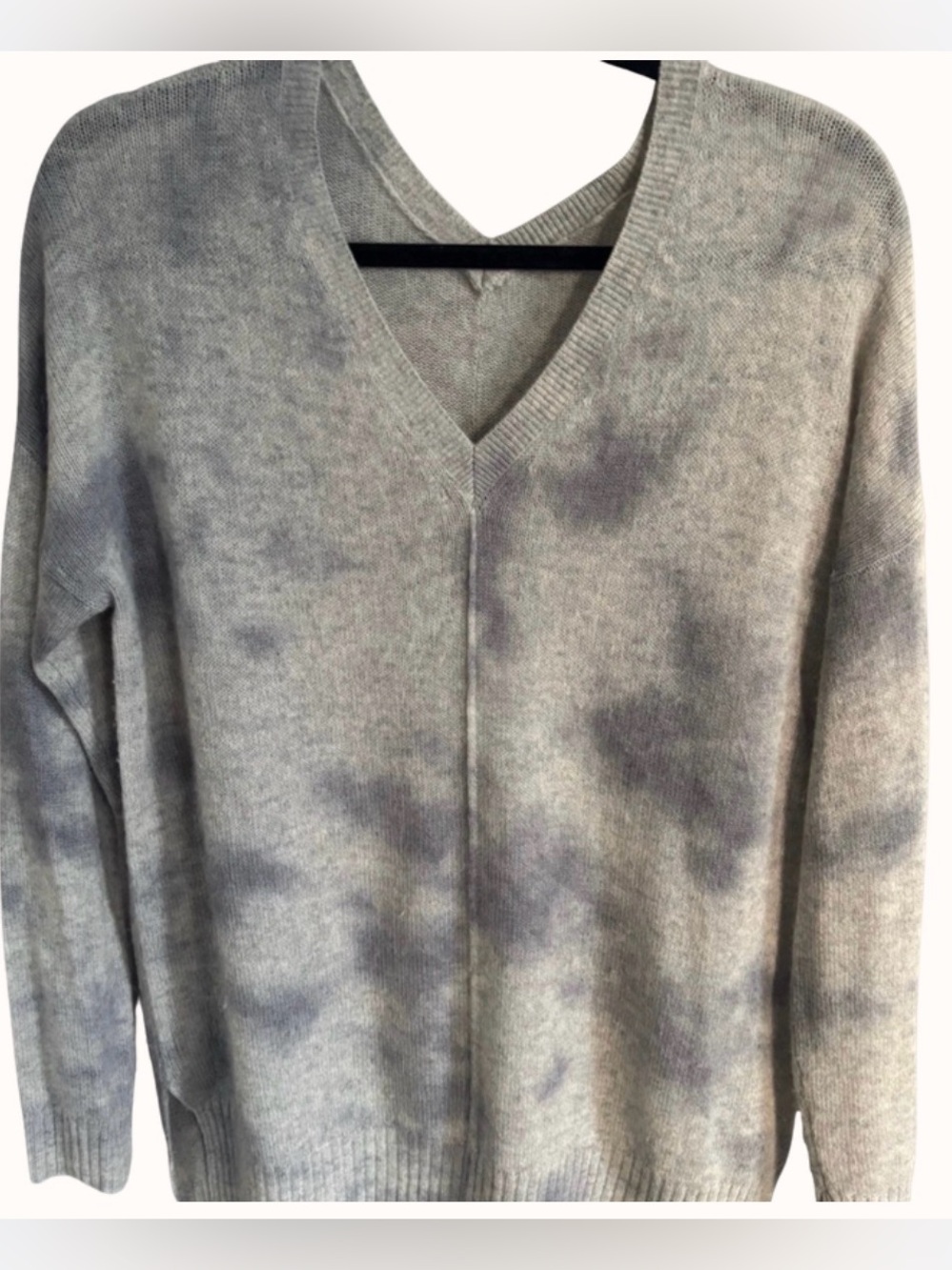 Cashmere V-Neck Sweater Gray and Blue Watercolor